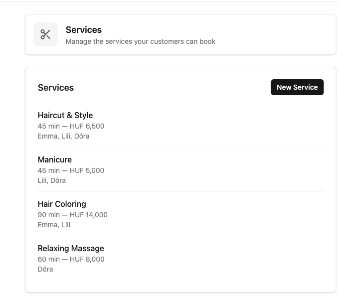 Admin service management page with four services showing durations, prices, and staff assignments