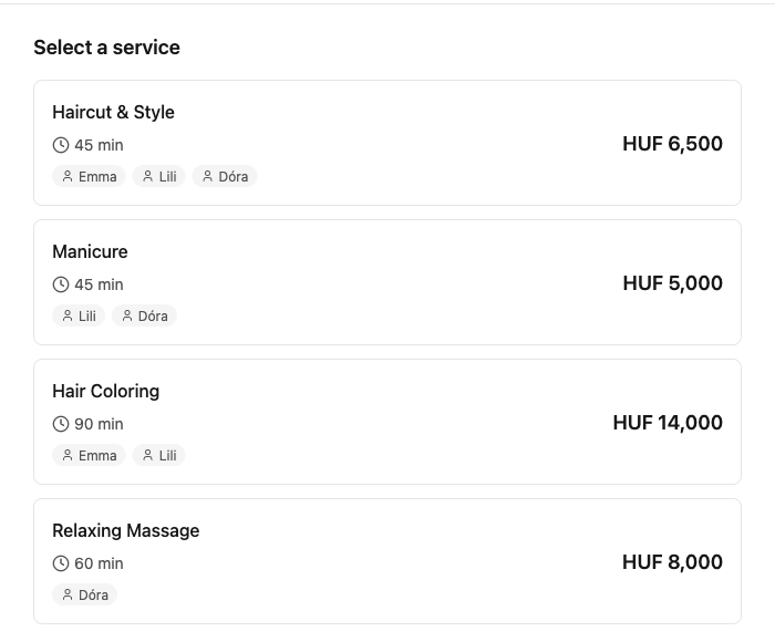 Customer-facing service selection showing Haircut & Style, Manicure, Hair Coloring, and Relaxing Massage with durations, prices, and assigned staff