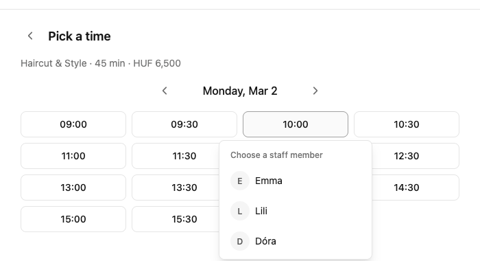 Time slot grid for Haircut & Style with a staff member popover showing Emma, Lili, and Dóra