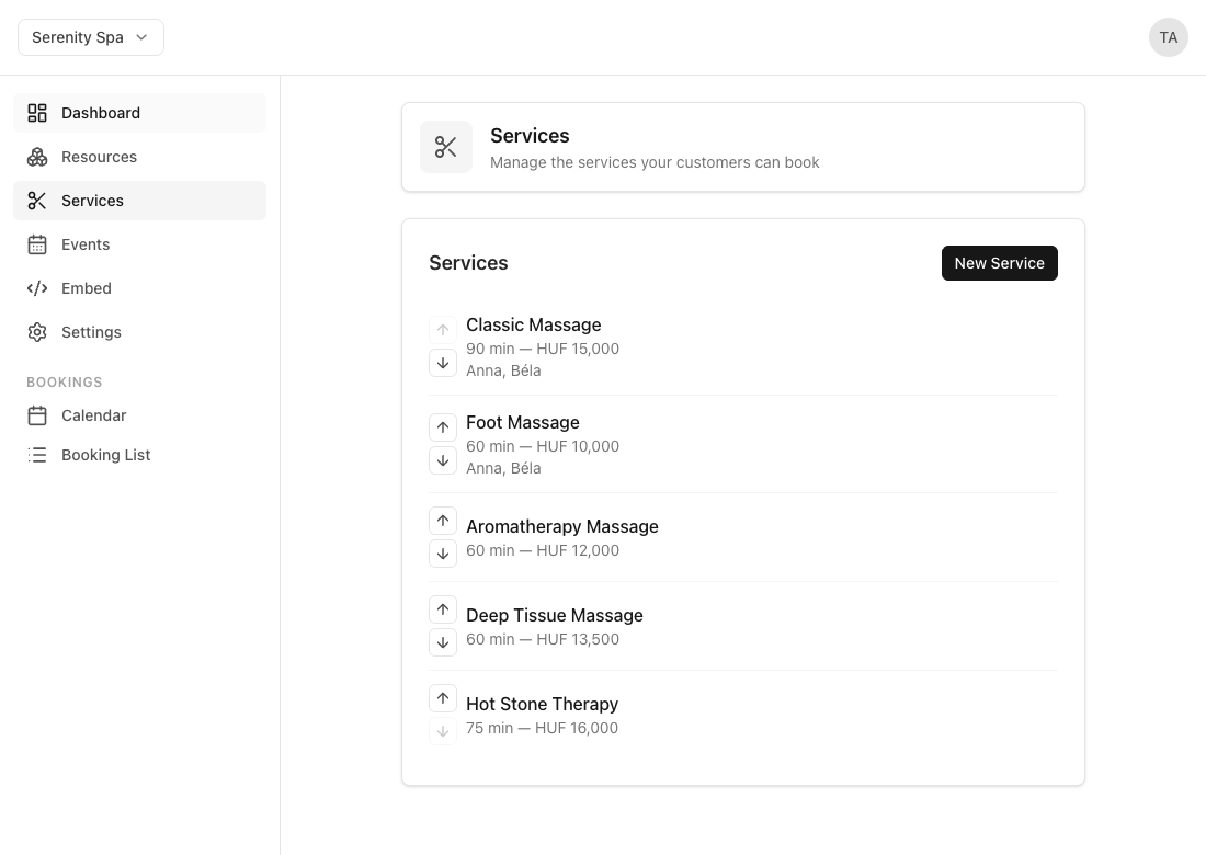 Admin service list showing five services — Classic Massage, Foot Massage, Aromatherapy Massage, Deep Tissue Massage, and Hot Stone Therapy — each with up and down arrow buttons on the left for reordering
