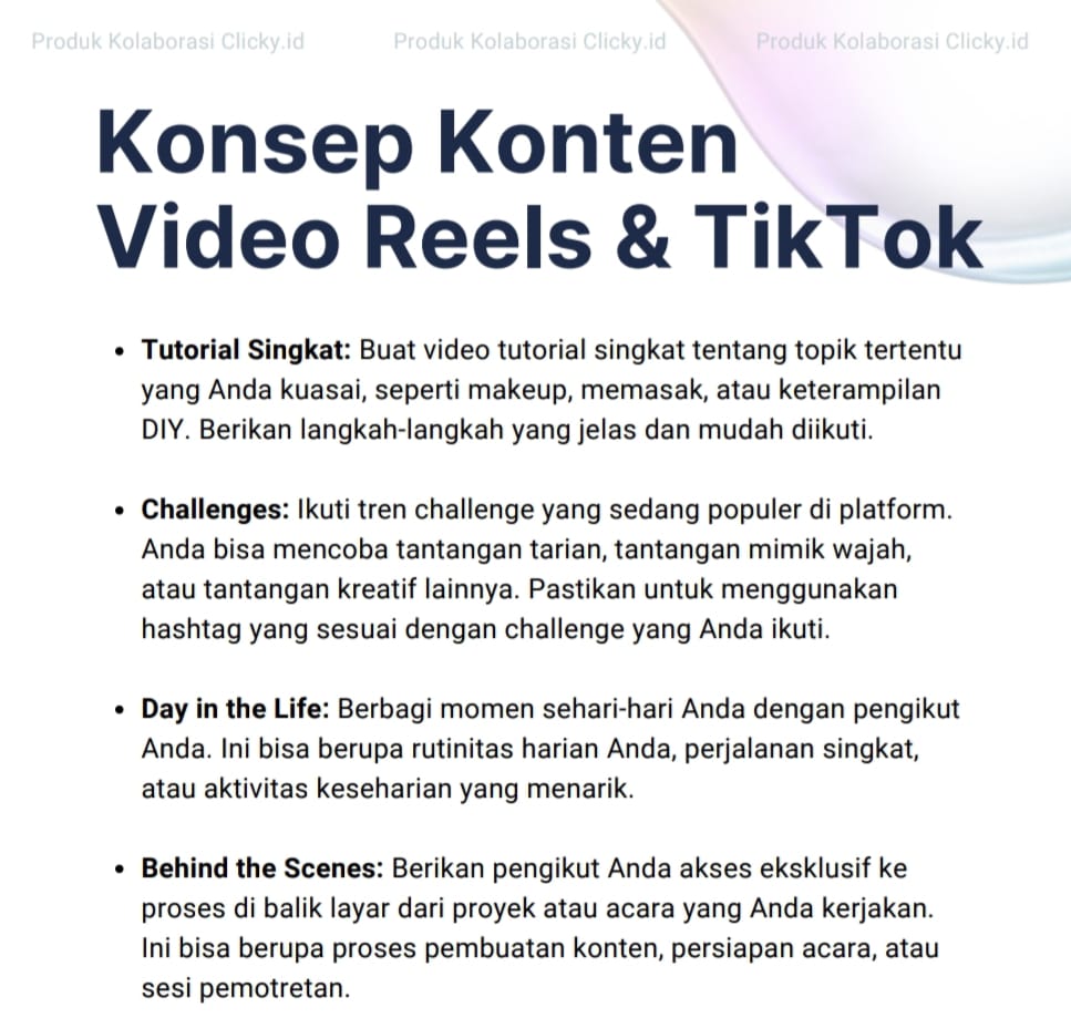 CONTOH ISI KONSEP KONTEN  VIDEO TIKTOK & REELS 