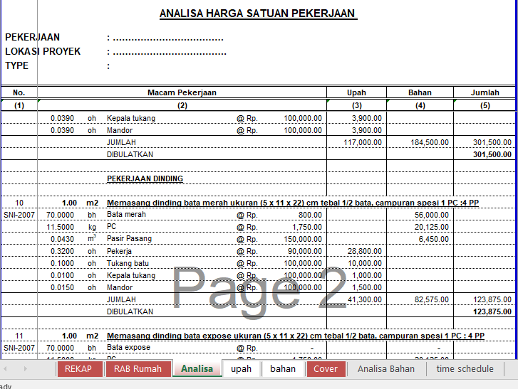 Image 1 for Sheet RAB Rumah 2 Lantai