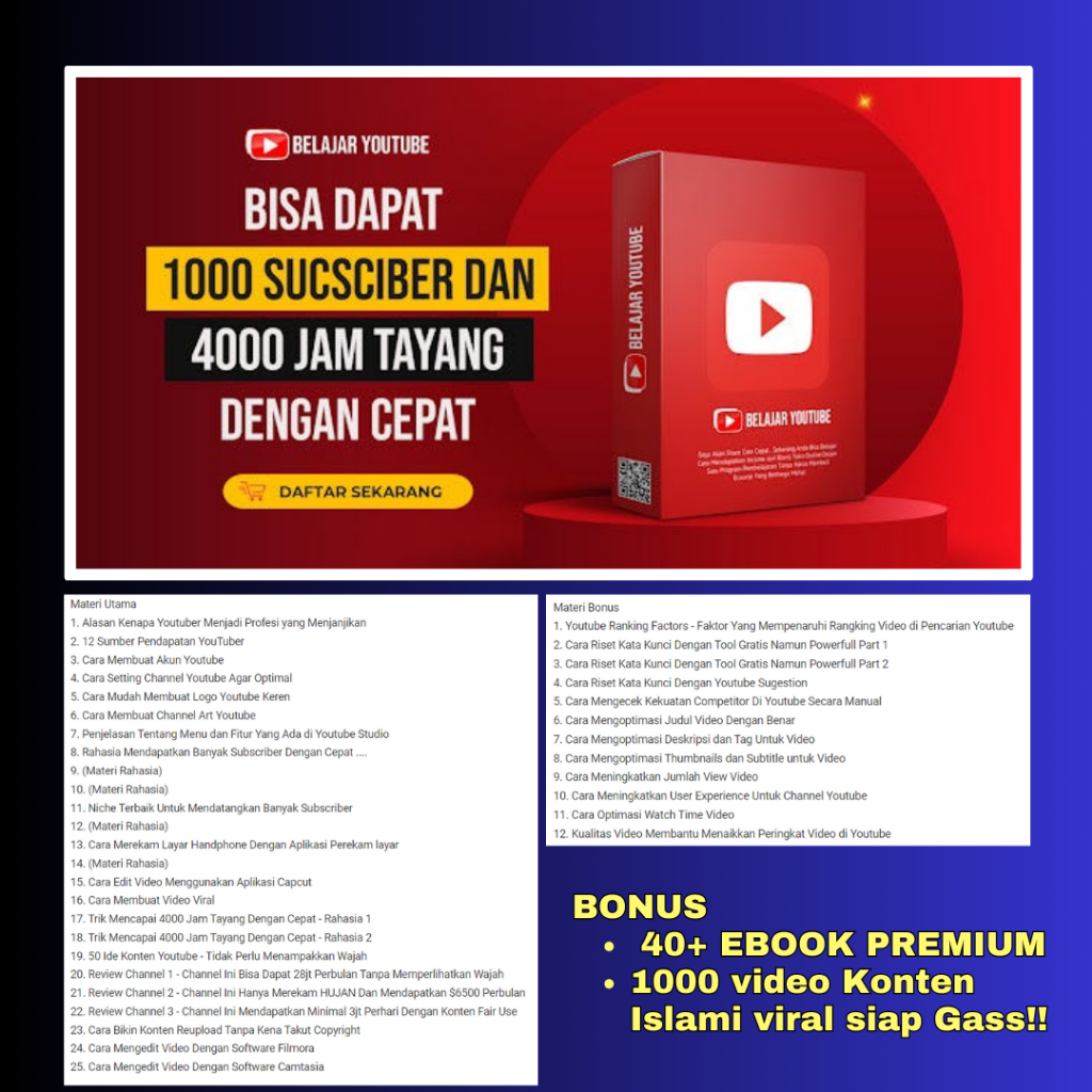 image for Video Materi RAHASIA Mendapatkan 1000 SUBSCRIBER dan 4000 JAM TAYANG button