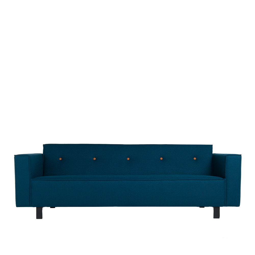 bank odin bertplantagie design in stof bolster navy met leren cognac knopen