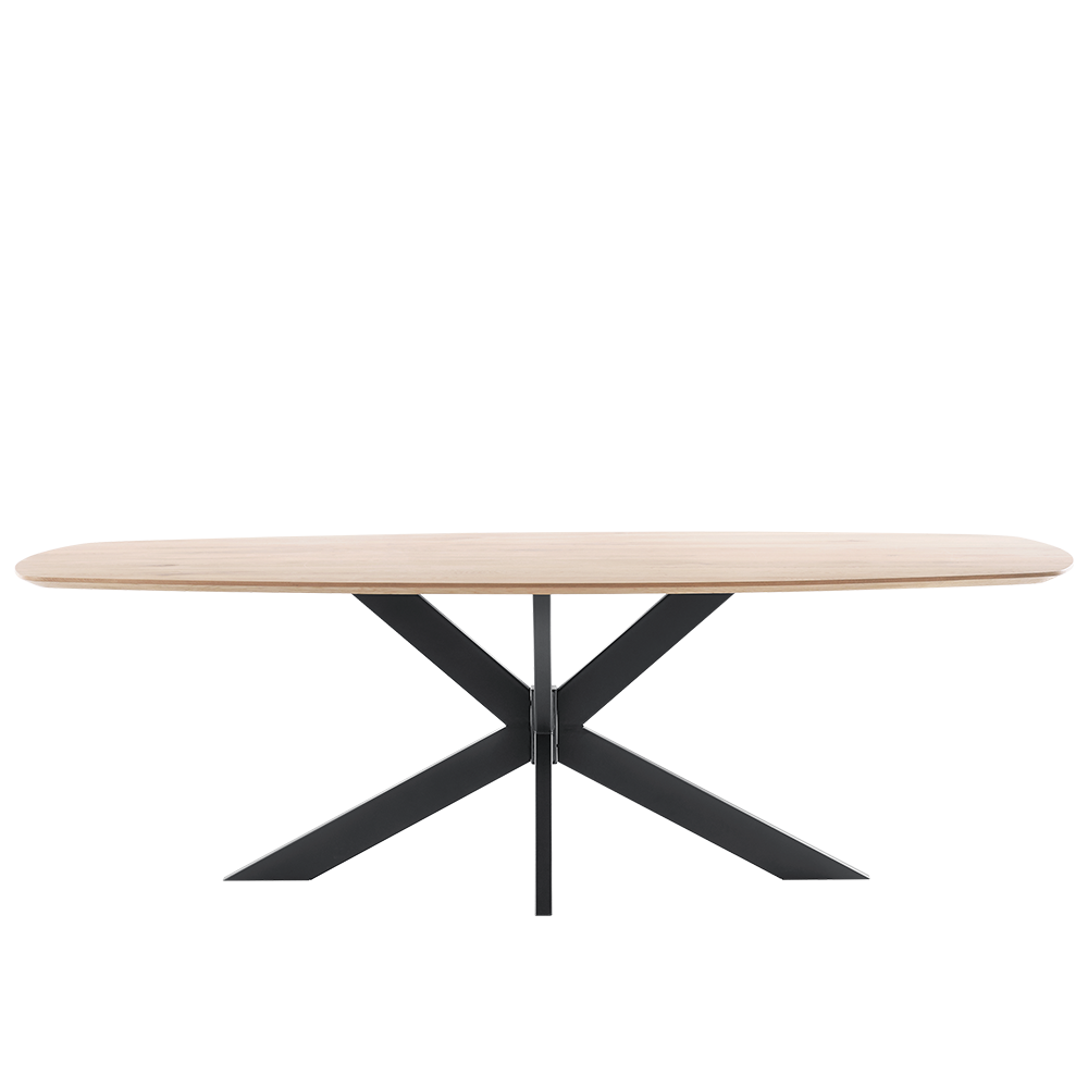 eettafel nemaro tonvormig hout blad zwart metalen onderstel