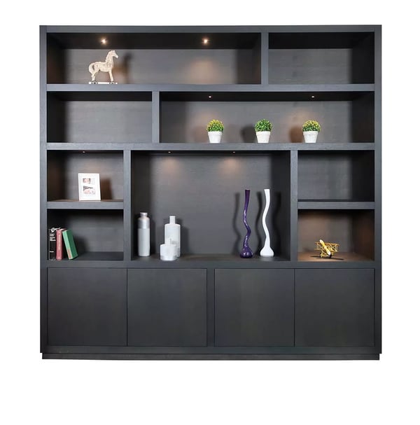 wandkast vakkenkast marque XL van der drift zwart hout met accessoires