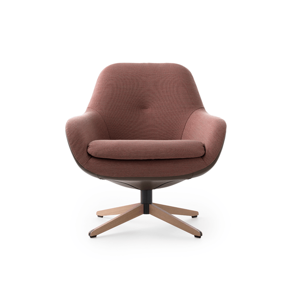 draaifauteuil-sparkle-one-in-stof-aubergine-en-leder-bruin-met-houten-sterpoot-van-merk-pode