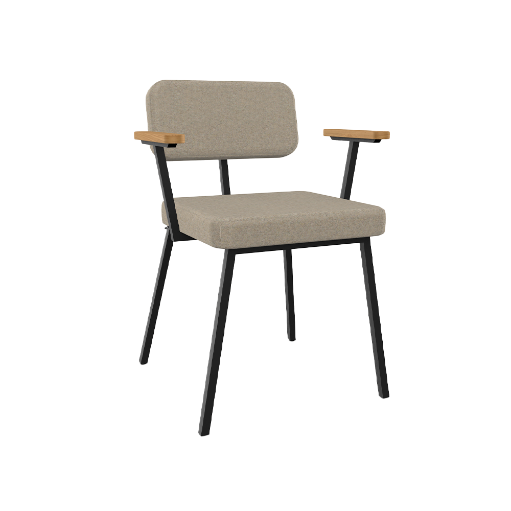 armstoel ode in beige met zwart frame eiken houten armlegger studiohenk designmeubelen scandinavisch