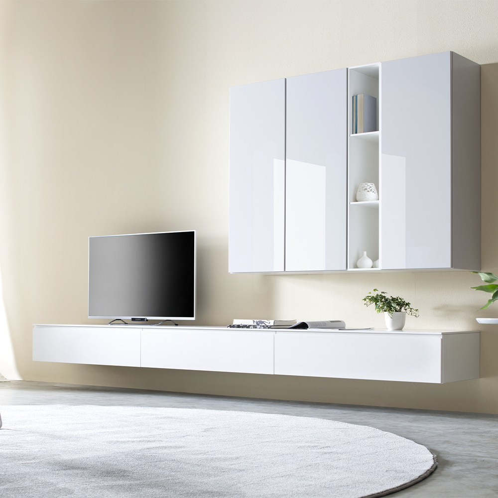 zwevend tv meubel cubo 815 hangend van sudbrock wit hout met grijzr ronde vloerkleed