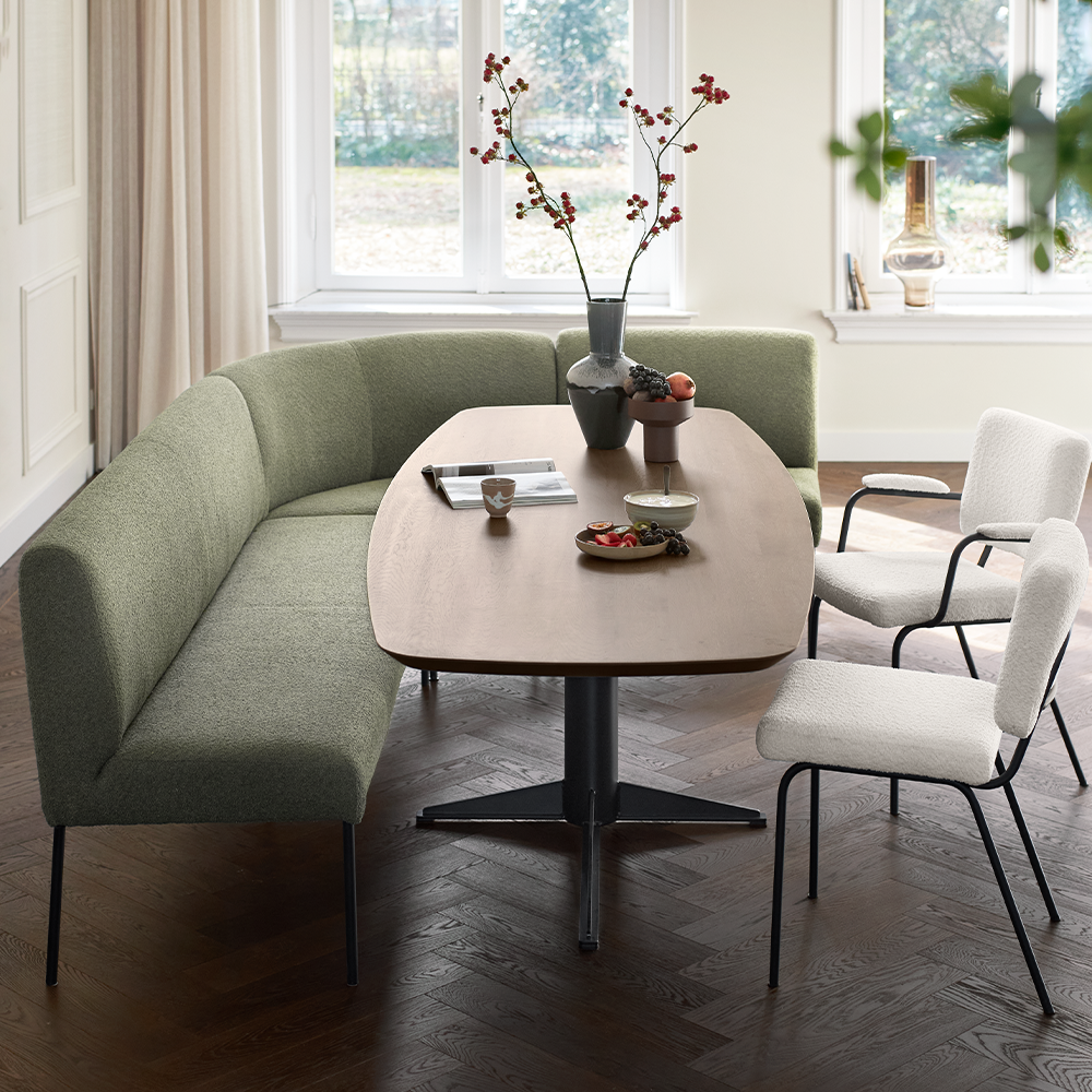 inspiratie sfeer eetbank bianta in stof groen nieuwe collectie inhouse cruquius