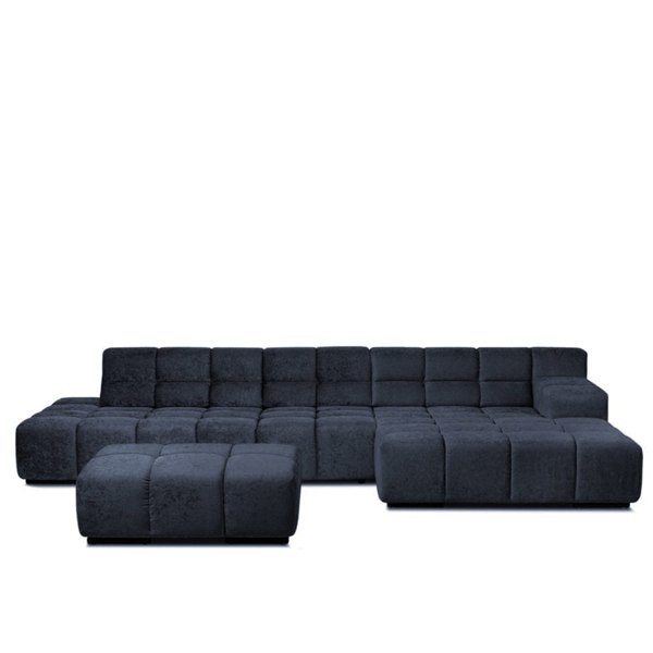 hoekbank bubble bank blauw Temple van het merk designwerk in blauwe stof met hocker