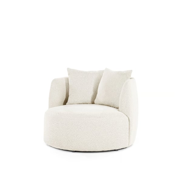fauteuil bouclé zand, fauteuil bouclé beige, Eleonora fauteuil Louis, comfortabele fauteuil met kussens, ronde fauteuil bouclé, beige fauteuil Eleonora, Scandinavische fauteuil bouclé, zachte fauteuil met armleuning, trendy fauteuil Eleonora, fauteuil zandkleurig stof