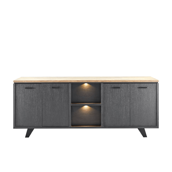 dressoir troia, zwart dressoir, industrieel, sofclose, push to open, ledverlichting