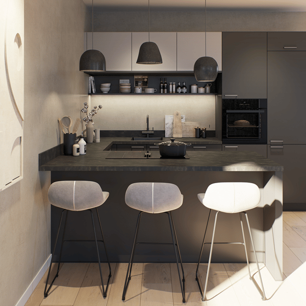 Keuken Ligeti Mira met warme houttinten, strakke lijnen en moderne afwerkingen. Stijlvolle en functionele keuken met innovatieve technologieën.