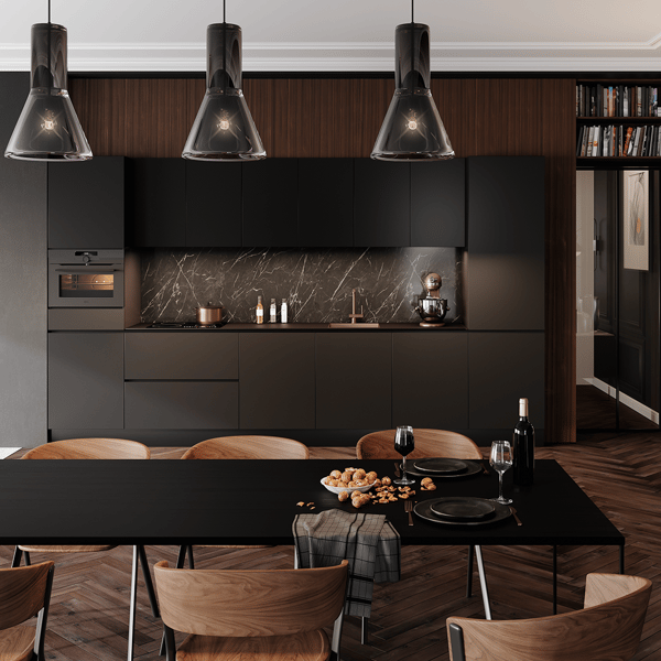 Keuken Franchetti Onyxzwart met luxe afwerking, innovatieve keukenapparatuur en slimme opbergoplossingen. Stijlvolle en functionele keuken met een tijdloos design.