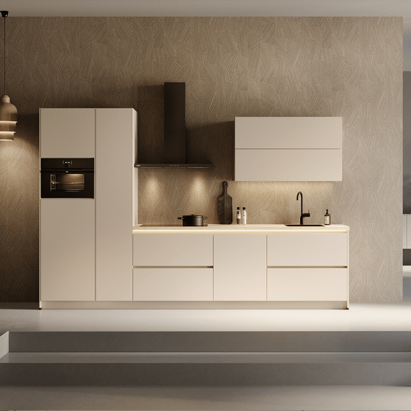 Keuken Luanda Zand met zandkleurige fronten, luxe werkblad en moderne afwerking. Tijdloos design met slimme opbergoplossingen en stijlvolle uitstraling.