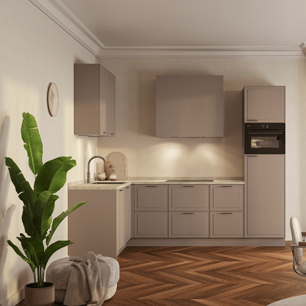 Keuken Avercamp Klei met warme kleikleurige fronten, een duurzaam werkblad en moderne afwerking. Stijlvolle en functionele keuken met slimme opbergoplossingen.