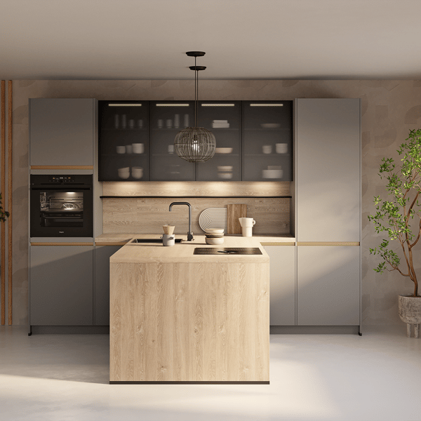 Keuken Empoli Taupegrijs met een tijdloos design, luxe afwerking en slimme opbergoplossingen. Moderne en functionele keuken met innovatieve keukenapparatuur.