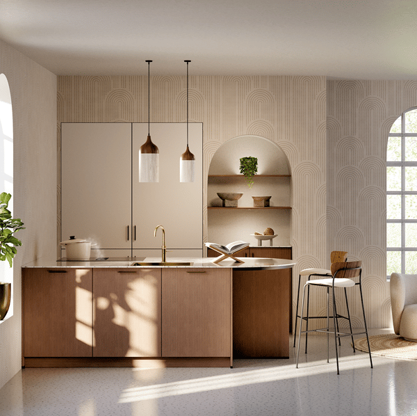 Keuken Ligeti Mira met warme houttinten, strakke lijnen en moderne afwerkingen. Stijlvolle en functionele keuken met innovatieve technologieën.