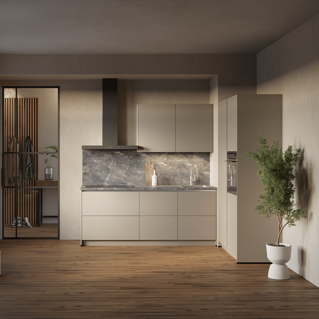 Keuken Mira in lichtbruin met moderne fronten, een luxe werkblad en slimme opbergoplossingen. Tijdloos design en functionele elegantie.