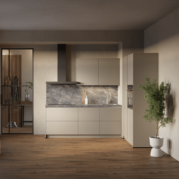 Keuken Mira in lichtbruin met moderne fronten, een luxe werkblad en slimme opbergoplossingen. Tijdloos design en functionele elegantie.