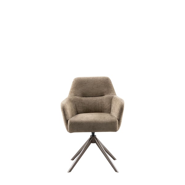 Armstoel Bowina – moderne eetkamerstoel met comfortabele bouclé zitting, draaibare metalen poot in brons of zwart, drie kleuren beschikbaar.
