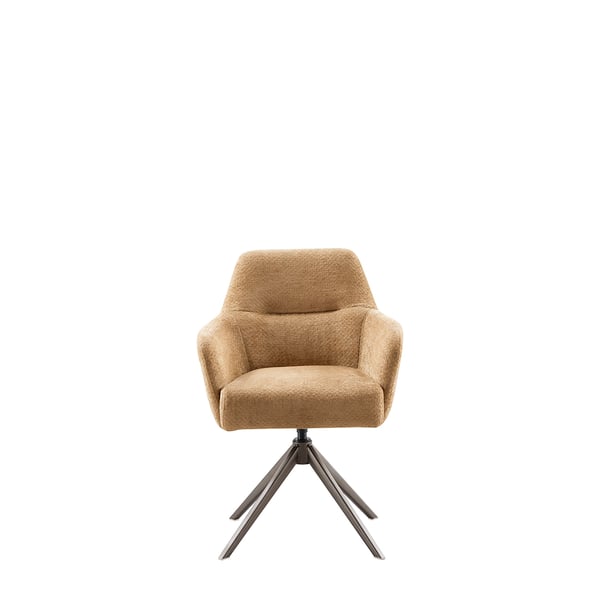 Armstoel Bowina – moderne eetkamerstoel met comfortabele bouclé zitting, draaibare metalen poot in brons of zwart, drie kleuren beschikbaar.