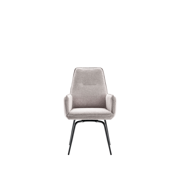 Armstoel Hatomi in een moderne eetkamer, bekleed met zachte bouclé stof en een stevig zwart metalen onderstel.