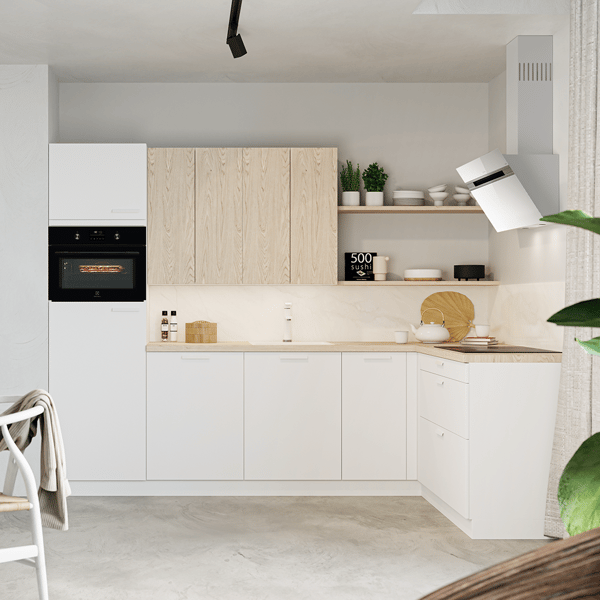 Combikeuken Trent/Nancy met warme houttinten en moderne afwerkingen. Luxe keuken met slimme opbergoplossingen en innovatieve keukenapparatuur.