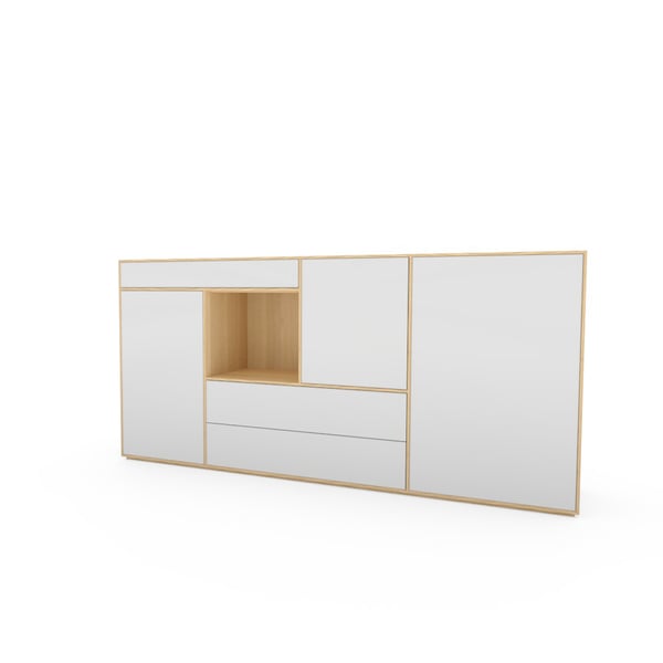 Rodam Sigma dressoir – wit met eiken wandmeubel van 93x195x41 cm met lades, deuren en open vak. Modern maatwerk design.