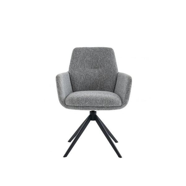 Armstoel Jasmia in grijze bouclé stof met zwart metalen draaivoet – moderne eetstoel met comfortabele armleuningen. Armstoel, Jasmia, Eetstoelen, Bouclé eetstoel, Draaibare eetstoel, Autoreturn, Moderne eetstoel, Grijze eetstoel, Designstoel, Eetkamermeubels