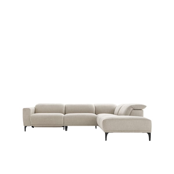 Baenks Stradun hoekbank in beige stof met zwarte metalen poten, voorzien van verstelbare hoofdsteunen en relaxfunctie.