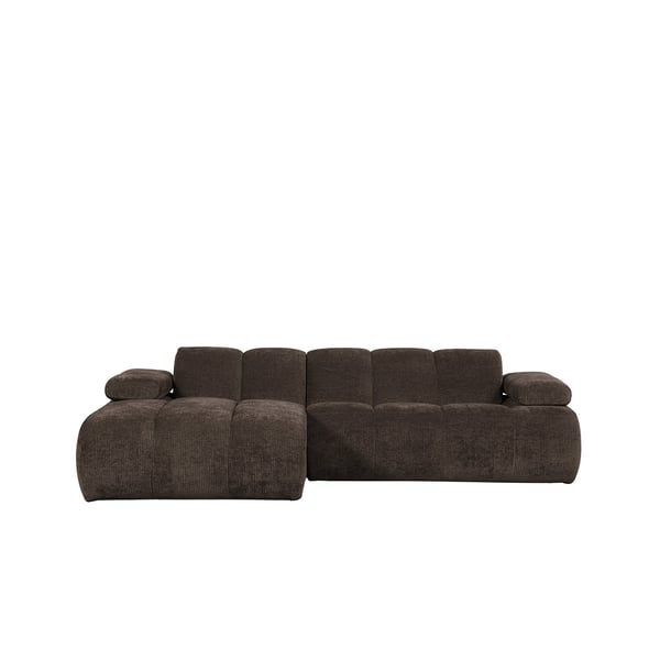Vooraanzicht van WOOOD Mojo hoekbank in bruine ribstof met chaise longue links