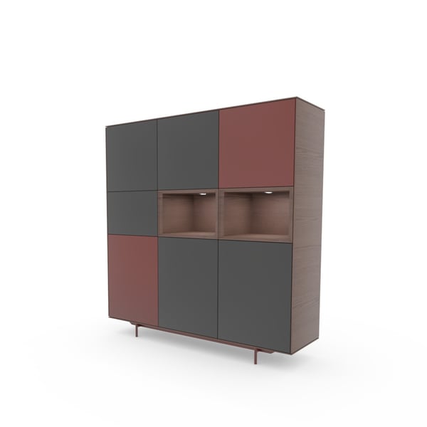 Saunaco wandkast Nyro – breed model met matgelakte fronten in rood en antraciet, open vakken met verlichting, houten omlijsting.