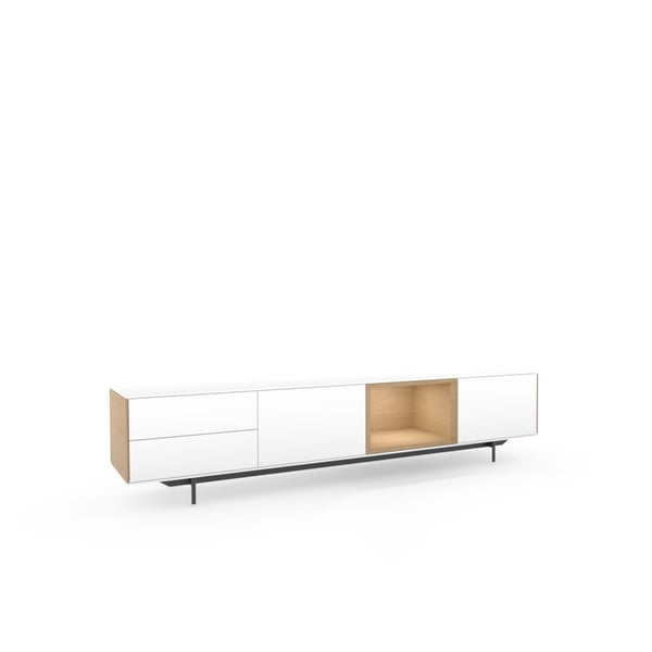 Interstar lowboard Nyro – wit gelakt designmeubel met houten open vak en zwart metalen onderstel, minimalistisch en maatwerk.