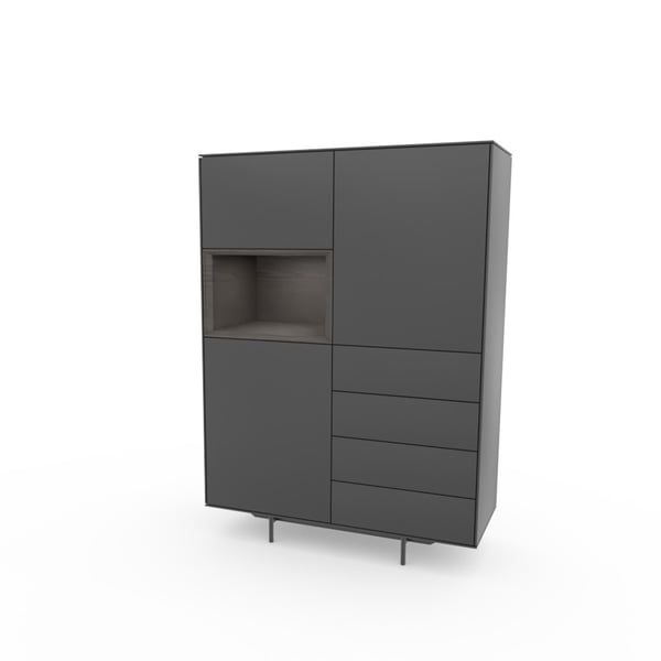 Saunaco wandkast Nyro – breed model met matgelakte fronten in rood en antraciet, open vakken met verlichting, houten omlijsting.