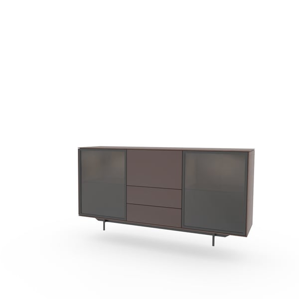 Dressoir Nyro S4 van Saunaco – design dressoir met glazen schuifdeuren, matgelakte laden en rank onderstel in moderne stijl.