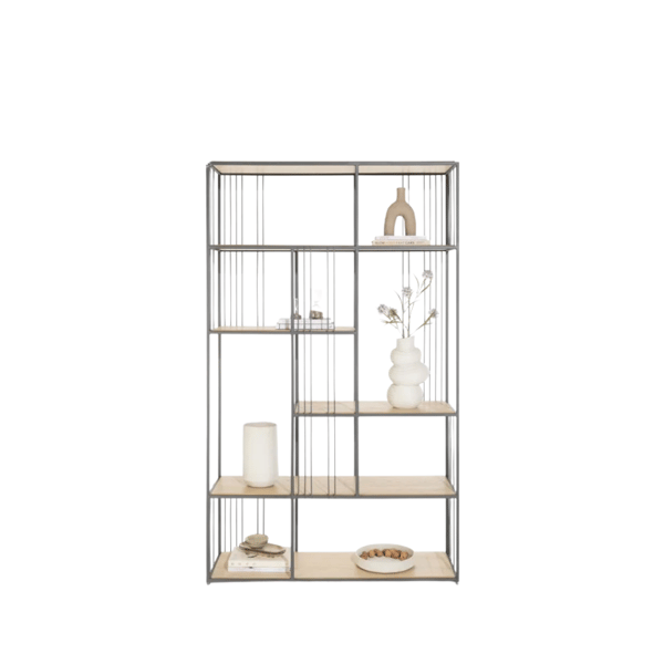 roomdivider, open kast, grafiet, eikenfineer, metalen frame, verticaal design, modern, luchtig, multifunctioneel, industriële stijl, wandkast, decoratieve kast, ruimteverdeler, boekenkast, Xooon, smal, hoog Roomdivider Niora Grafiet