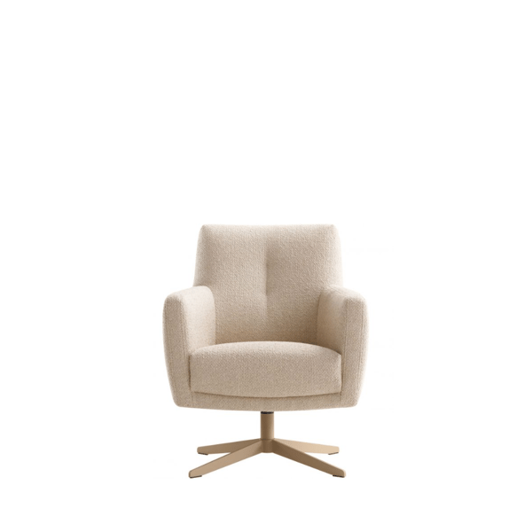 Fauteuil Merendy beige met lage rug, bekleed met Rhythm 01 naturel en draaibare vierteens poot in RAL 1019