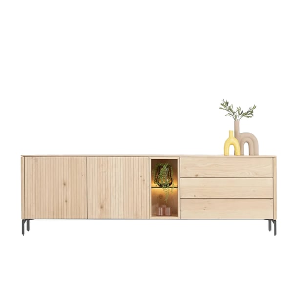 dressoir Trenton, opbergkast, eikenfineer, grafiet, ledverlichting, push to open, latjesmotief, De Ruijtermeubel, modern dressoir