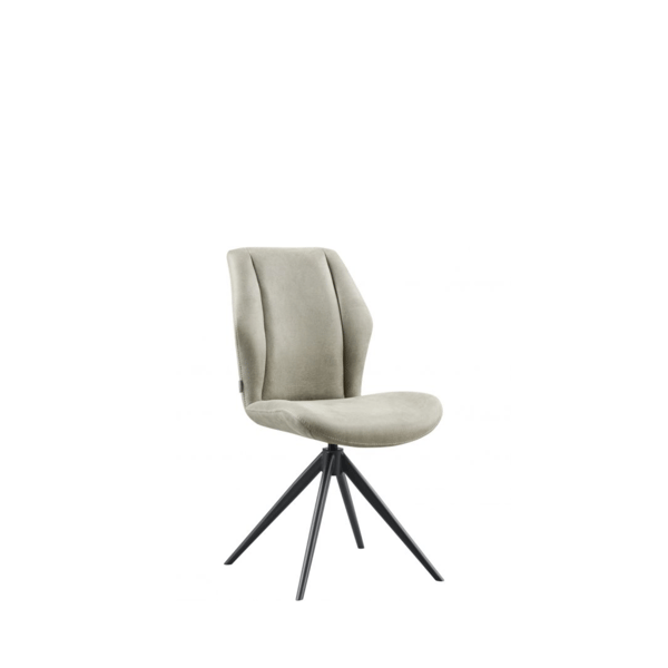Eetkamerstoel Dayla in grijze Chicago grey stof met verticale stiksels en zwart metalen draaipoot