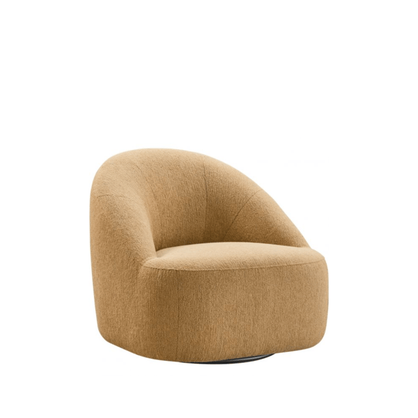 Fauteuil Felira okergeel met ronde vormen en draaivoet – draaifauteuil, okergeel, organisch, trendy