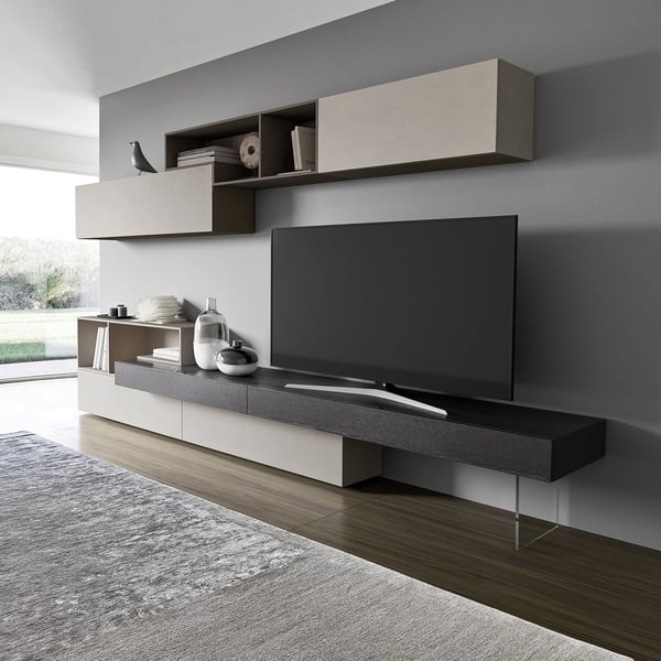wandcombinatie Lampo, Sangiacomo wandmeubel, modulaire wandkast, design tv-meubel, wandkast Loto Terra, wandkast Loto Tortora, Italiaans designmeubel, push-to-open kast, methacrylaat poot, wandmeubel op maat