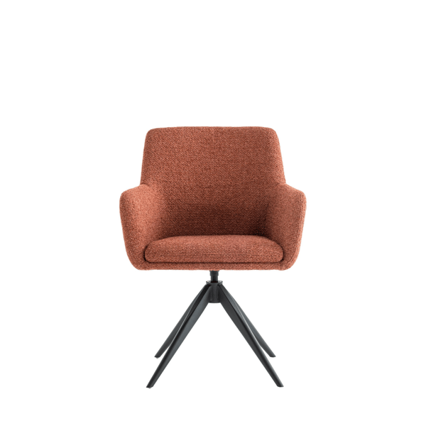 Eetkamerstoel Vinta terracotta in bouclé Rhythm brick brown met zwart metalen onderstel en 360 graden terugdraaimechanisme