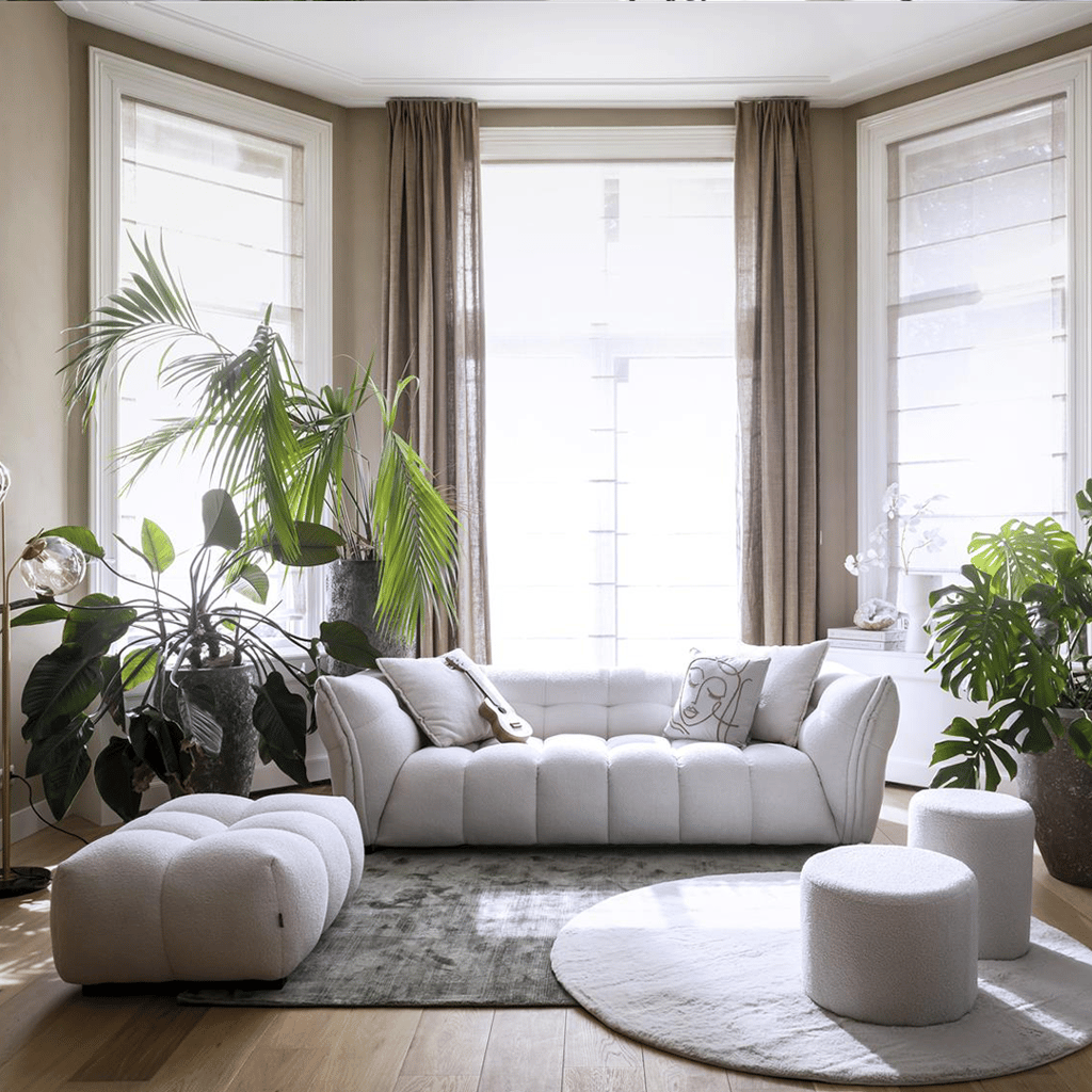 XOOON Bank Bellagio in lichtgrijze stof met slanke metalen poten in moderne woonkamer