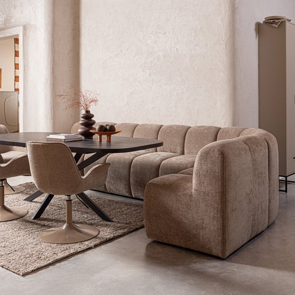 Eetbank Mojo in ribstof met verticale stiksels en modulaire opstelling, model WOOOD