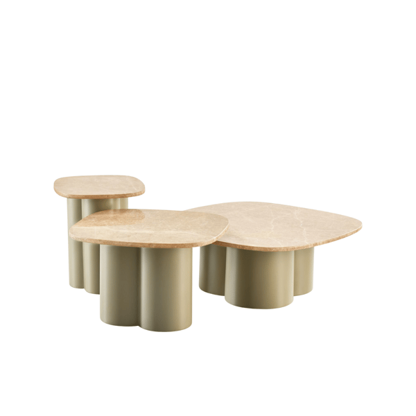 Salontafelset Quaranta, set van drie ronde tafels met beige marmeren bladen en champagnekleurig metalen onderstel in verschillende hoogtes