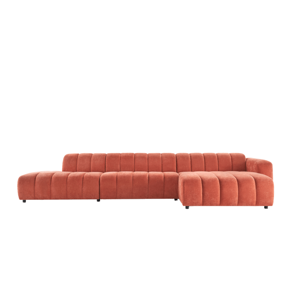 Hoekbank Darlington, Darlington bank, Baenks Darlington, design hoekbank, moderne hoekbank, hoekbank terracotta, luxe bank met eiland, royale hoekbank, bank met verticale banen, hoekbank Dahlia Brick