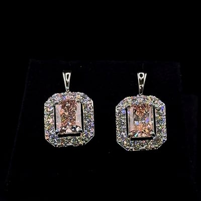 14K White Gold 7ct radiant 7ct Pink Radiant & Round Diamond Halo Earrings in 14K White Gold — Lab-grown diamond jewelry from RVR Collective