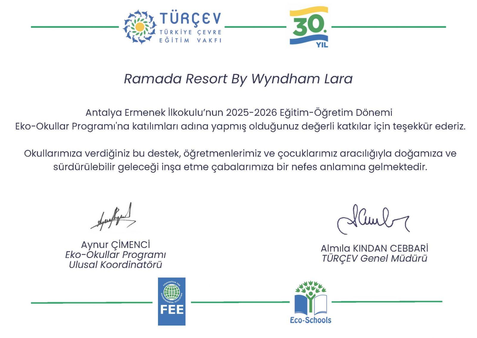 TÜRÇEV Eco-Schools Certificate of Appreciation
